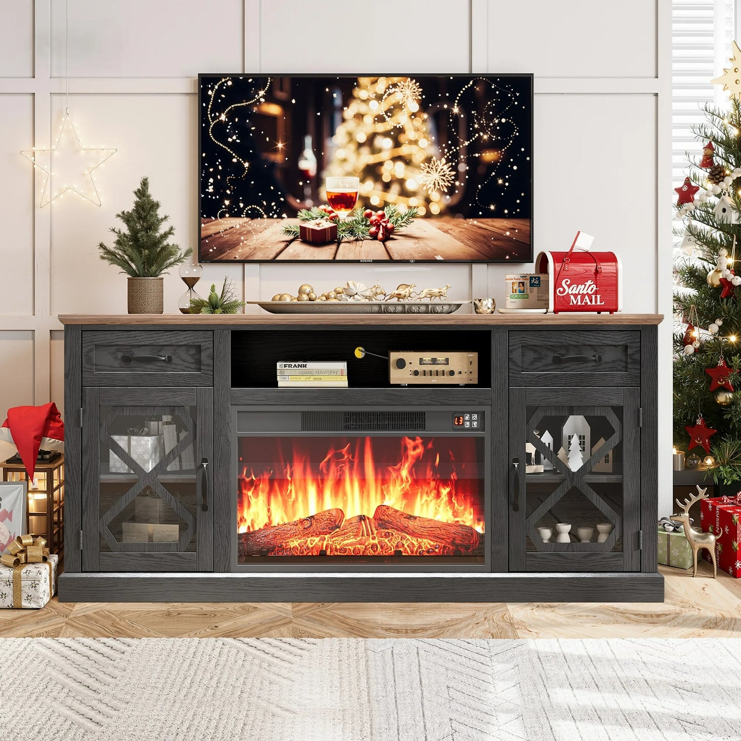 SESSLIFE Modern TV Stand for 65 Inch TV, TV Console with Electric Fireplace, Console Entertainment Center Television Table for Living Room or Bedroom, Brown