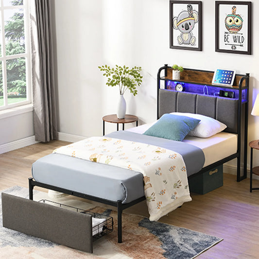 ENYOPRO Twin Size Platform Bed with LED Light and Charging Station, Metal Bed with Storage Headboard & Drawers, Steel Slat Support, No Box Spring Needed, Easy Assembly