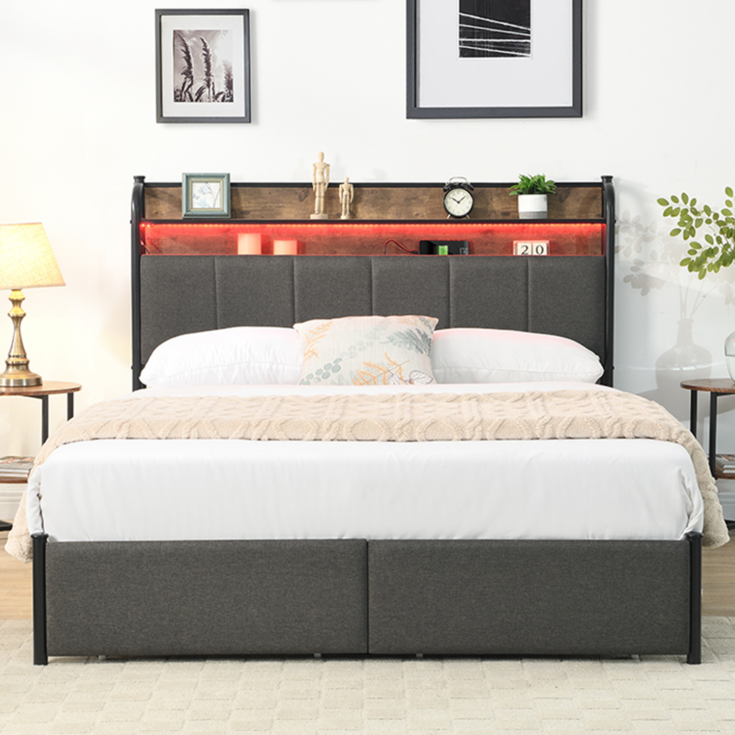 ENYOPRO Twin Size Platform Bed with LED Light and Charging Station, Metal Bed with Storage Headboard & Drawers, Steel Slat Support, No Box Spring Needed, Easy Assembly