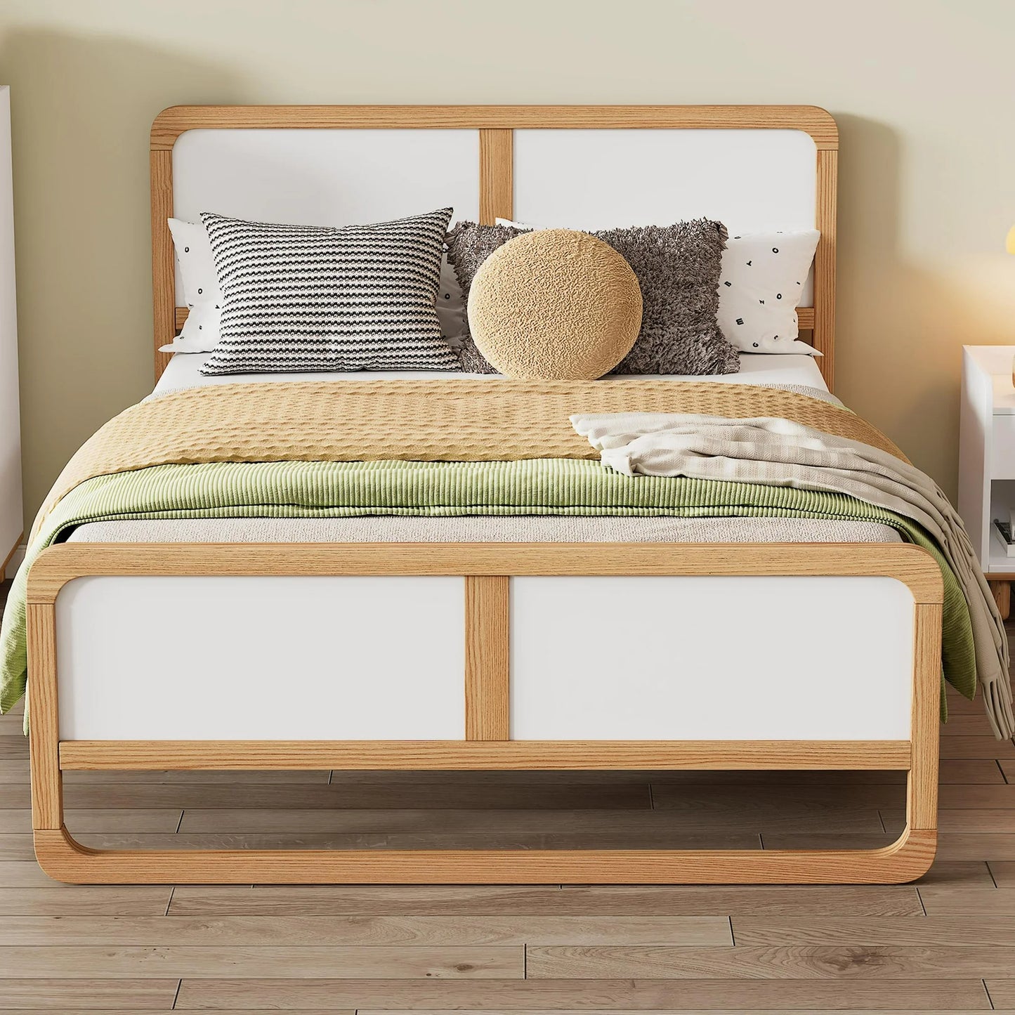 ENYOPRO Twin Wood Platform Bed, Modern Twin Bed Frame with Headboard and Footboard, No Need Box Spring, Strong Wood Slat Support, Easy Assembly, Walnut and White