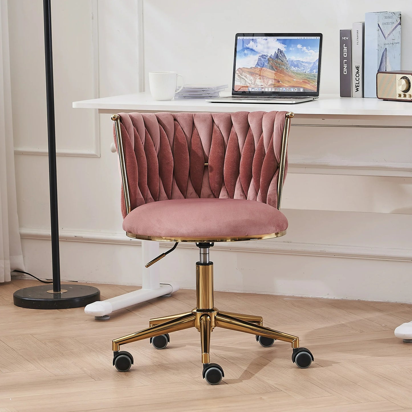Sesslife Home Office Chair, Comfy Padded Seat Swivel Desk Chair, Upholstered Velvet Computer Chair with Castors for Small Place, Adjustable Vanity Chair for Office Bedroom Dressing Room, Pink