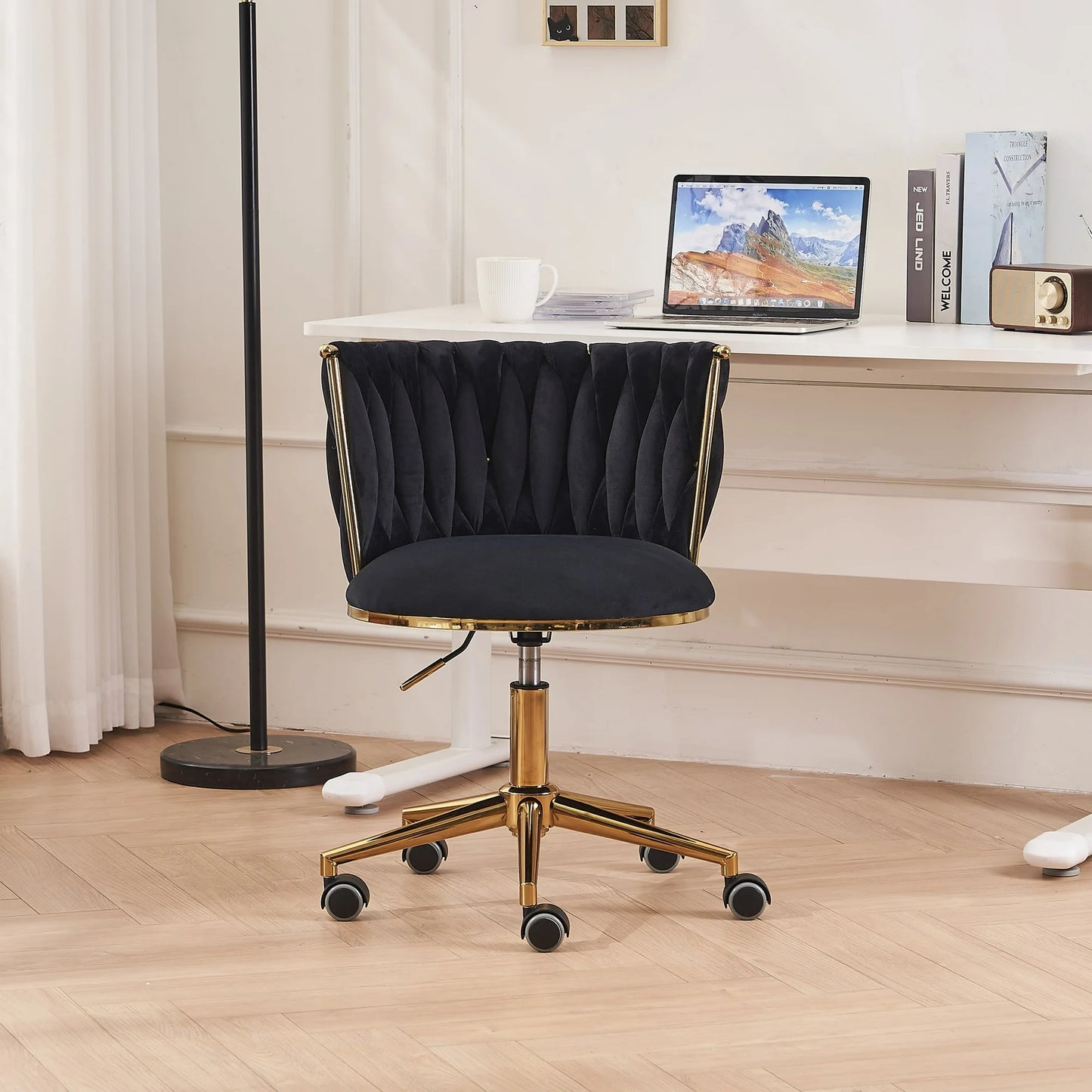 Sesslife Home Office Chair, Comfy Padded Seat Swivel Desk Chair, Upholstered Velvet Computer Chair with Castors for Small Place, Adjustable Vanity Chair for Office Bedroom Dressing Room, Pink