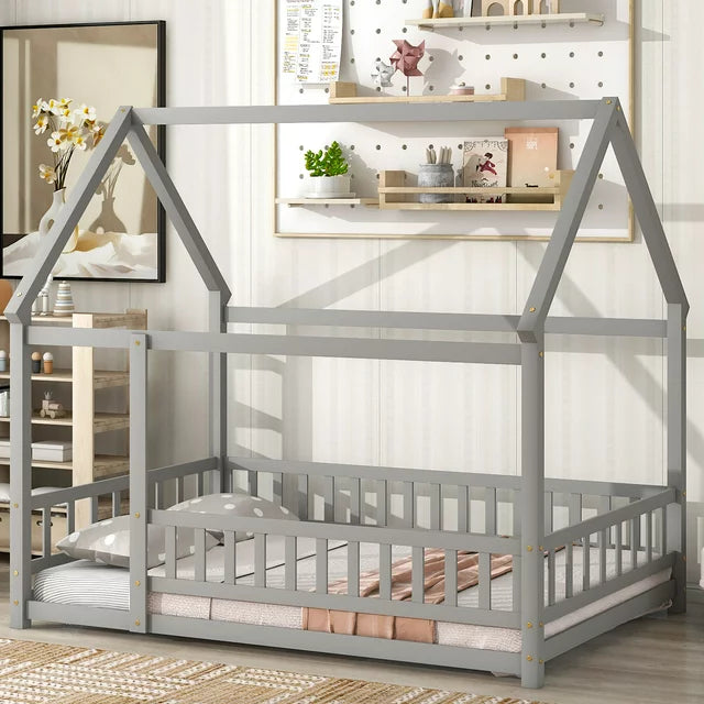 SESSLIFE House Bed Twin, Solid Wood House Bed for Kids, Box Spring Needed (Gray)