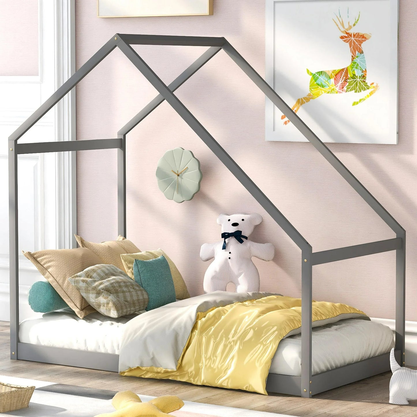 ENYOPRO House Bed with Fence,Solid Wood House Bed,Floor Bed Frame,Twin Canopy Bed for Bedroom, Slats Not Include(Gray)