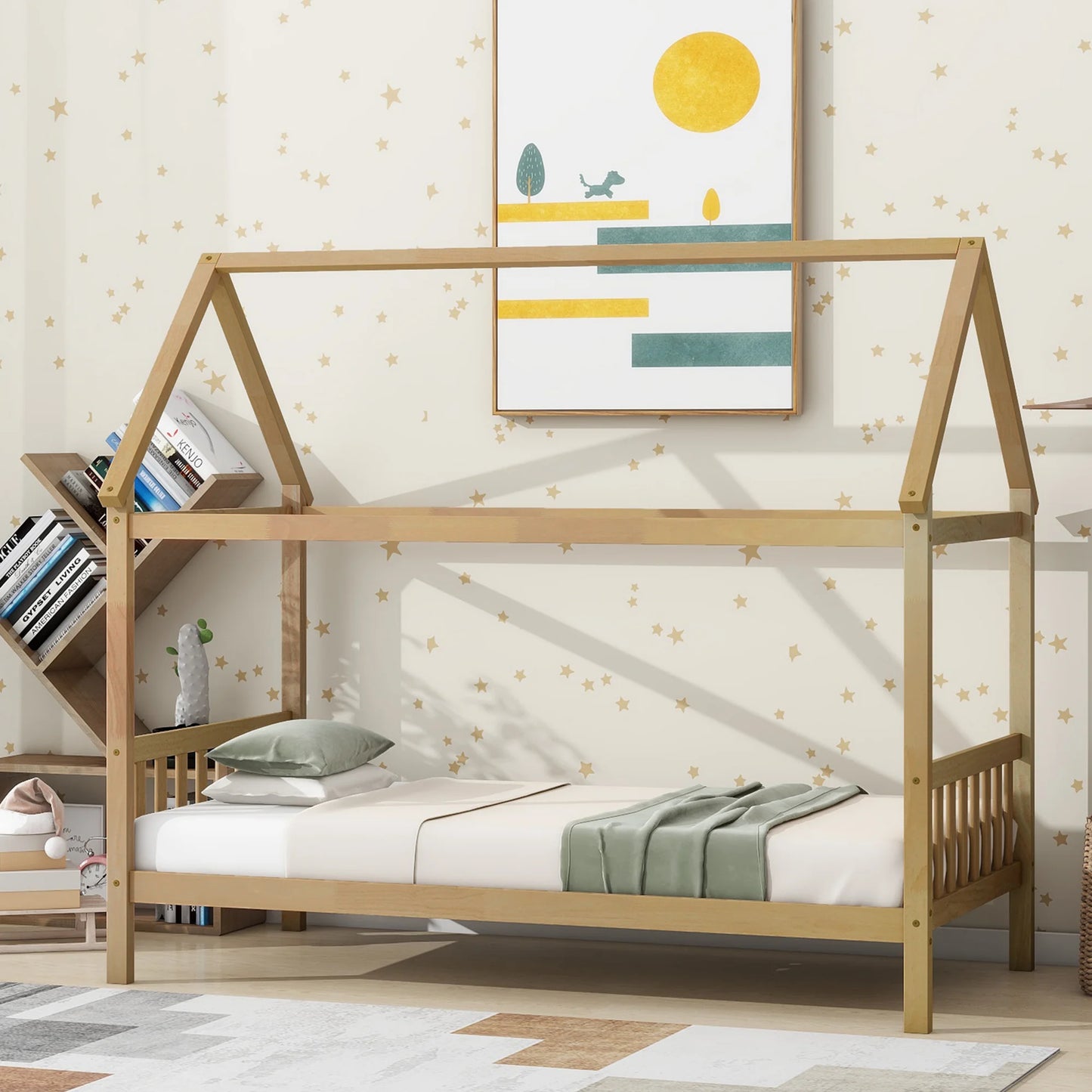 ENYOPRO House Bed with Fence, Wood House Bed, Floor Bed Frame, Twin Canopy Bed for Bedroom, No Box Spring Needed (Gray)
