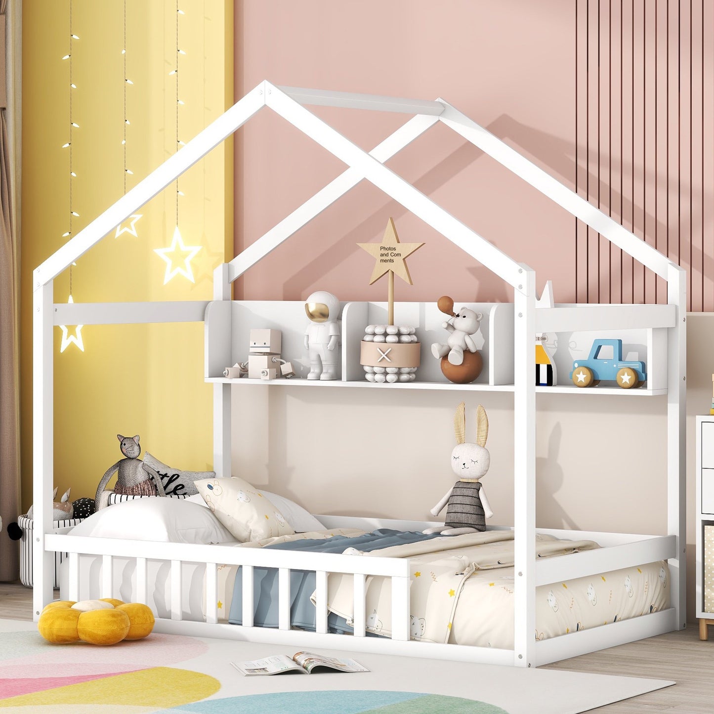 Sesslife Twin House Bed with Storage Shelves, Sturdy Floor Bed Frame with Fence and Roof for Bedroom Kids Room, Cute Wooden Twin Size Platform Kids Bed for Boys Girls, No Box Spring Needed, White