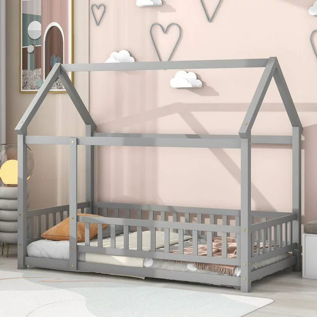 SESSLIFE House Bed Twin, Solid Wood House Bed for Kids, Box Spring Needed (Gray)