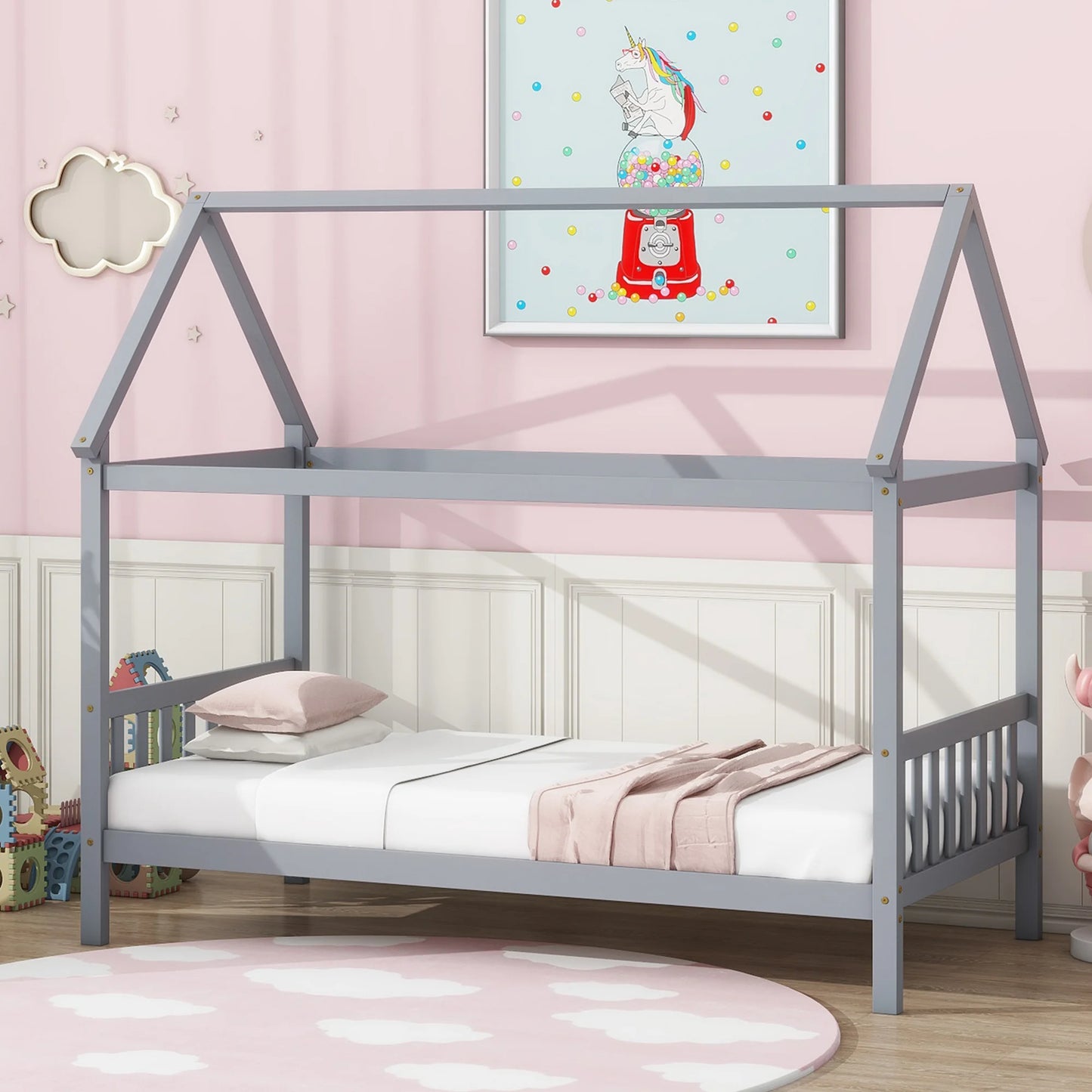 ENYOPRO House Bed with Fence, Wood House Bed, Floor Bed Frame, Twin Canopy Bed for Bedroom, No Box Spring Needed (Gray)