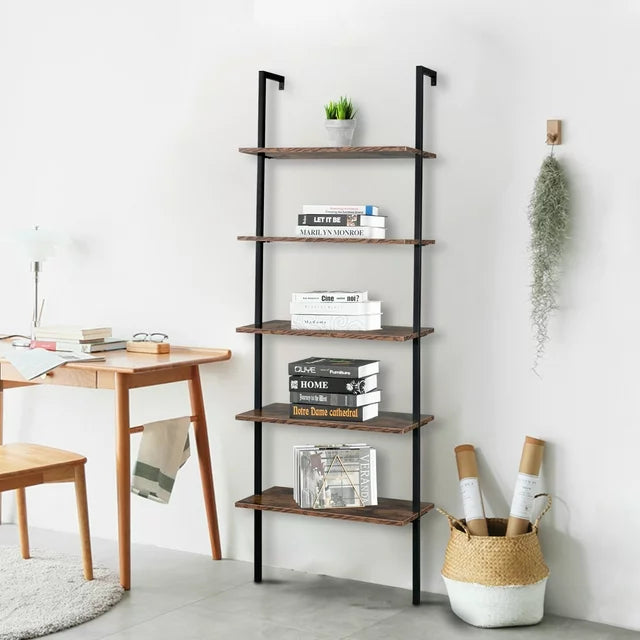 SESSLIFE 5-Shelf Tall Bookcase, Wall Mount Bookshelf, Dark Walnut Wood with Black Metal Frame