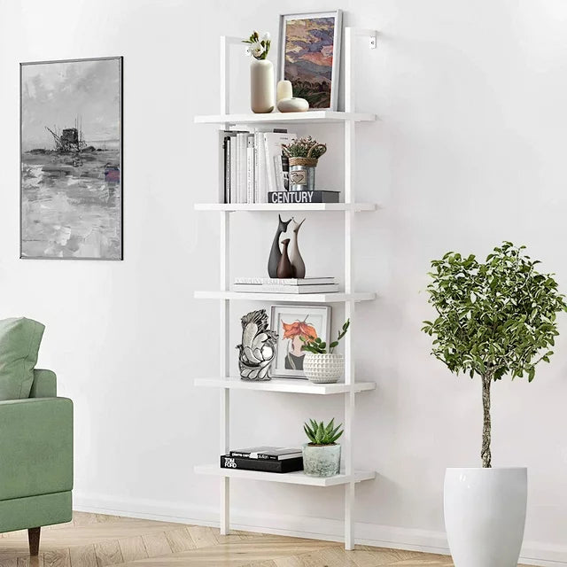 SESSLIFE 5-Shelf Tall Bookcase, Wall Mount Bookshelf, Dark Walnut Wood with Black Metal Frame