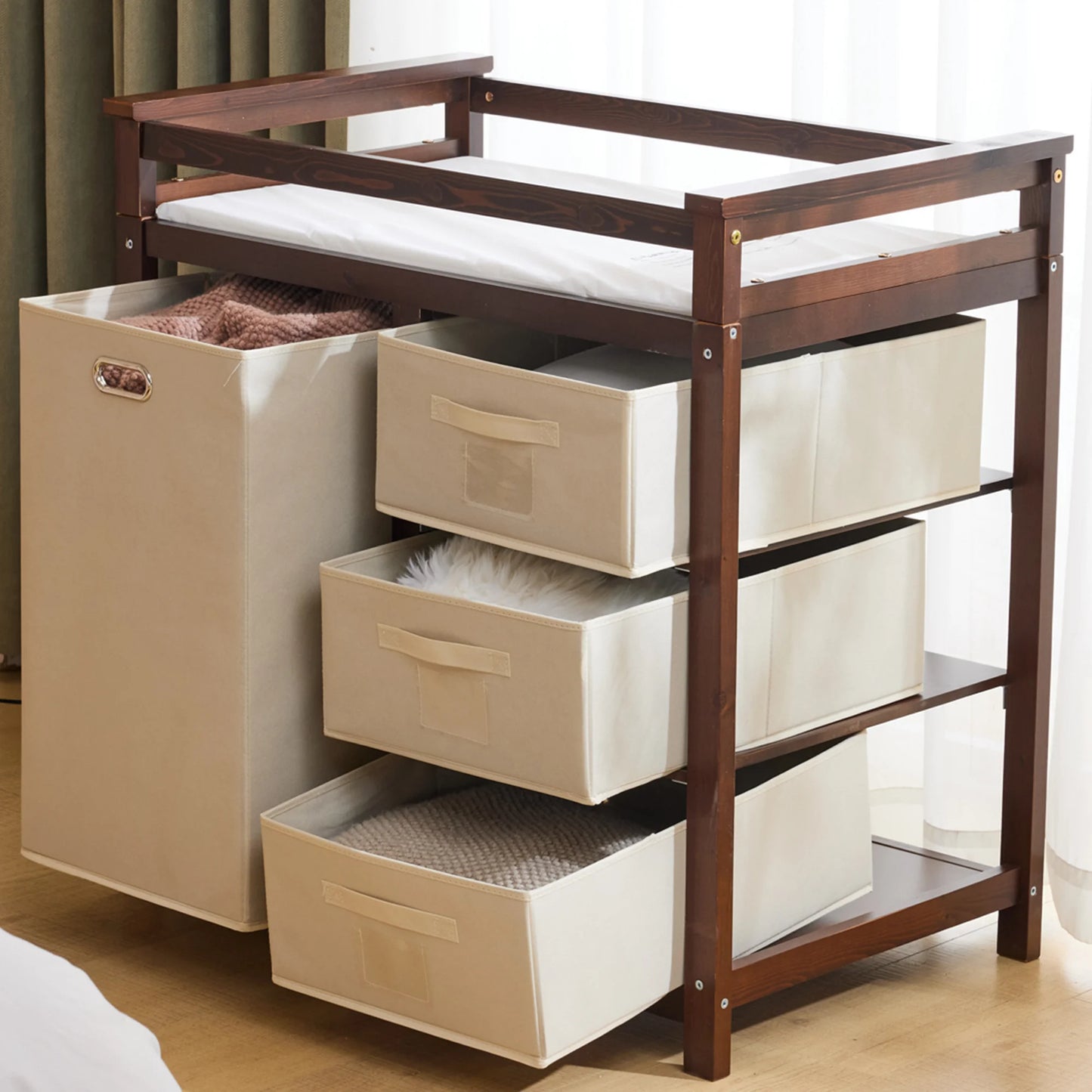 SESSLIFE Infant Changing Station with 3 Fabric Drawers & 1 Fabric Bag, Baby Dresser With Changing Table Top for Nursery, Easy Assembly, White