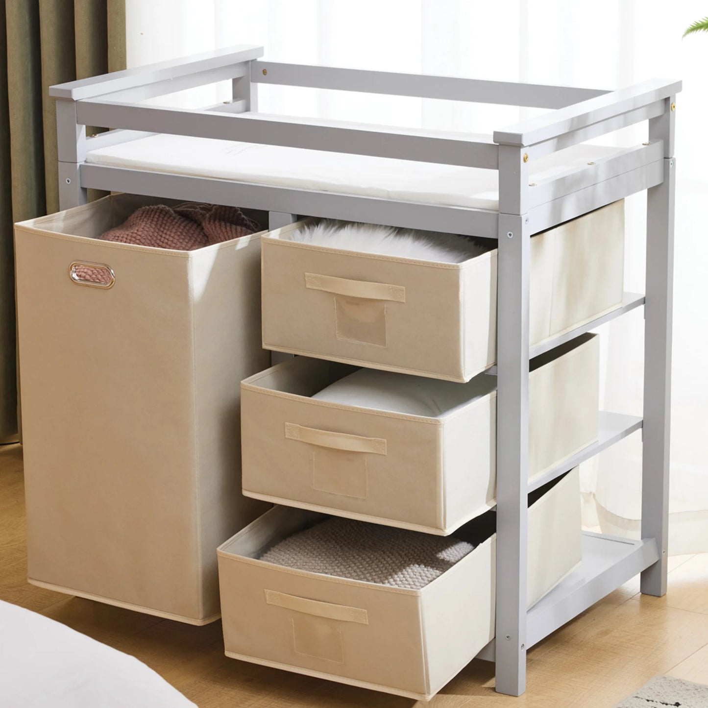 SESSLIFE Infant Changing Station with 3 Fabric Drawers & 1 Fabric Bag, Baby Dresser With Changing Table Top for Nursery, Easy Assembly, White