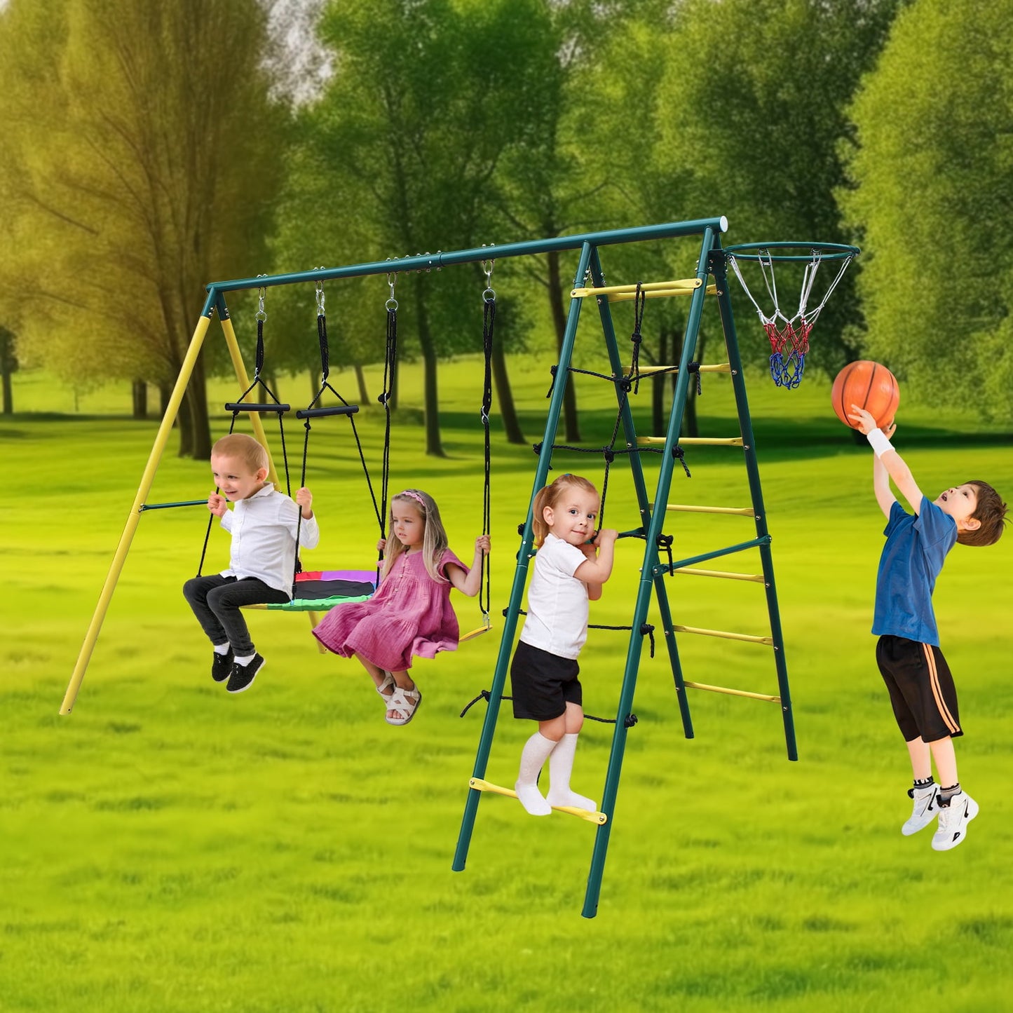 Metal Swing Set for Outside, Kids Backyard Swing Set with Swing Chair, Glider, Ground Nail, 3 In 1 Outdoor Swing Set