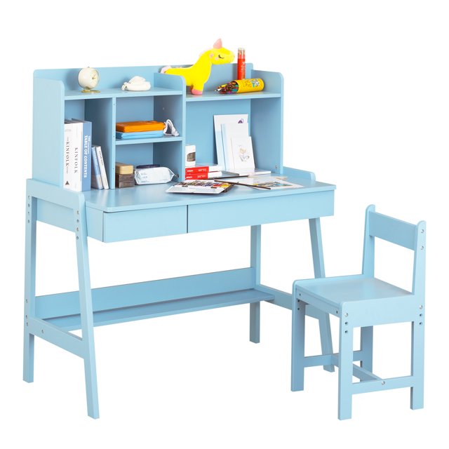 SESSLIFE Kids Desk and Chair Set for 5-12 Year Old, Childrens Study Table with Drawers and Open Shelves, Student Writing Desk Workstation for Bedroom & Study Room,Pink