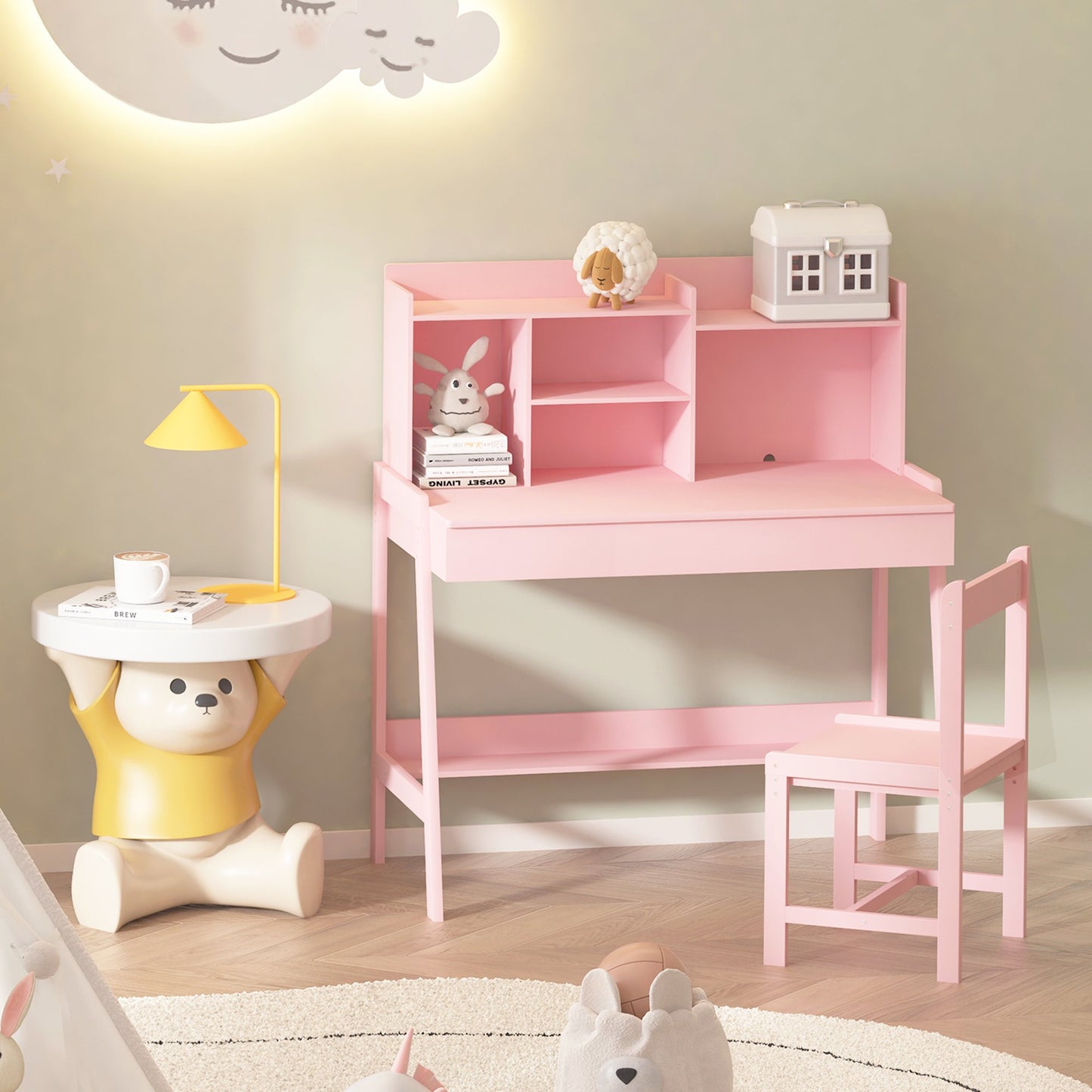 SESSLIFE Kids Desk and Chair Set for 5-12 Year Old, Childrens Study Table with Drawers and Open Shelves, Student Writing Desk Workstation for Bedroom & Study Room,Pink