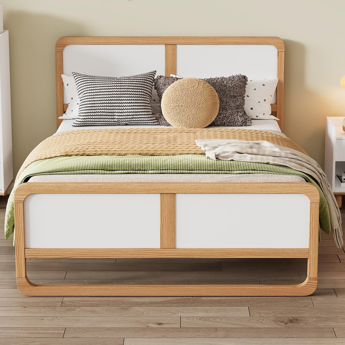 ENYOPRO Twin Wood Platform Bed, Modern Twin Bed Frame with Headboard and Footboard, No Need Box Spring, Strong Wood Slat Support, Easy Assembly, Walnut and White