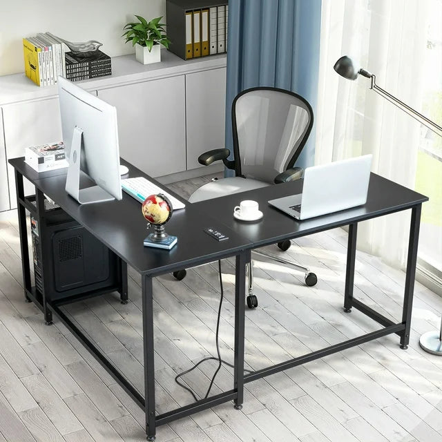 Large Computer L-Shaped Desk, White Writing L-Shaped Desk，Modern Study L-Shaped Desk with Metal Frame，Large 2 Person Table for Home Office Workstation