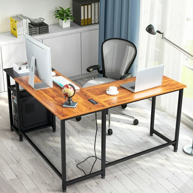 Large Computer L-Shaped Desk, White Writing L-Shaped Desk，Modern Study L-Shaped Desk with Metal Frame，Large 2 Person Table for Home Office Workstation