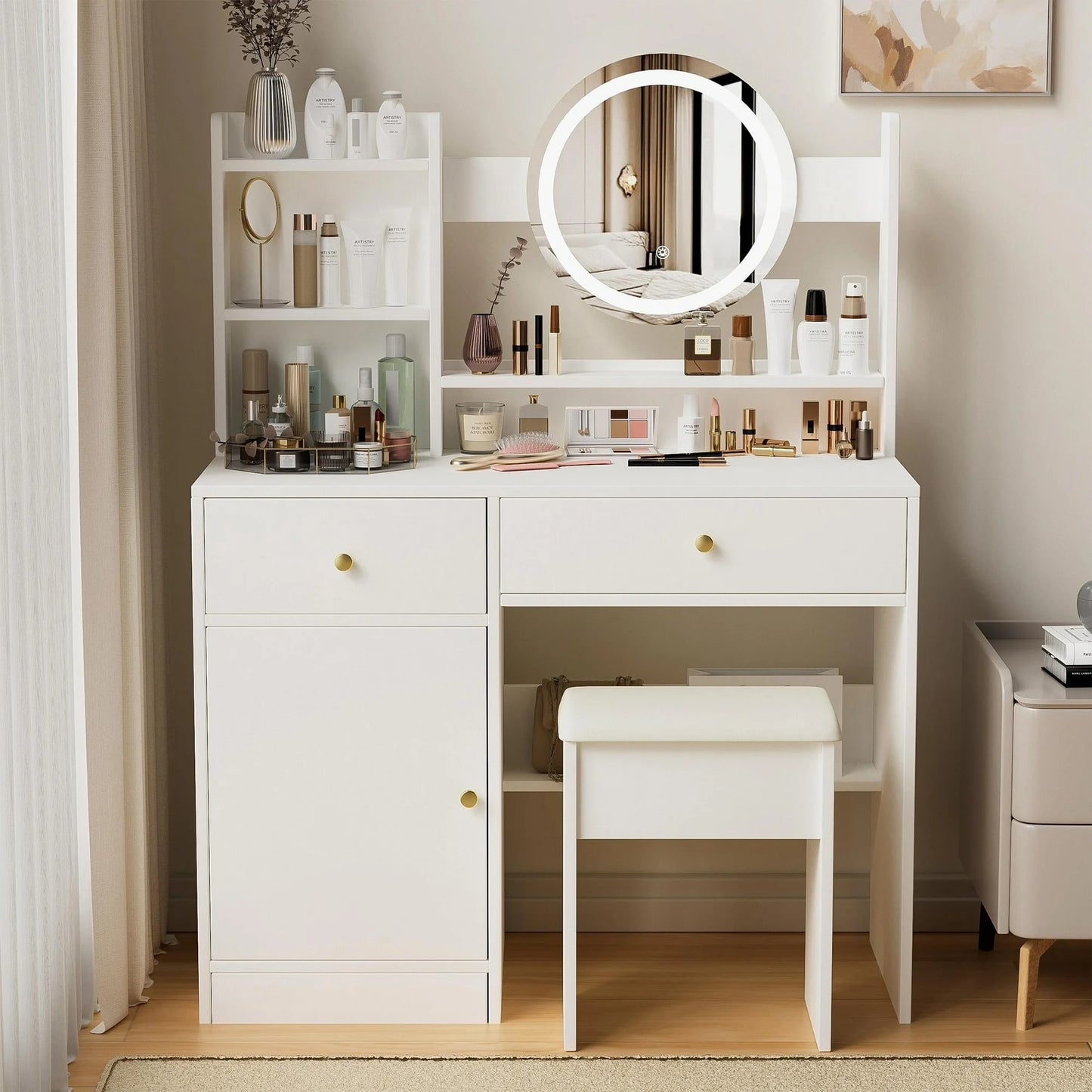 ENYOPRO Vanity Set with Round Light Mirror, White Makeup Desk with Drawers and Stool, Makeup Dressing Table Set for Girls, Princess