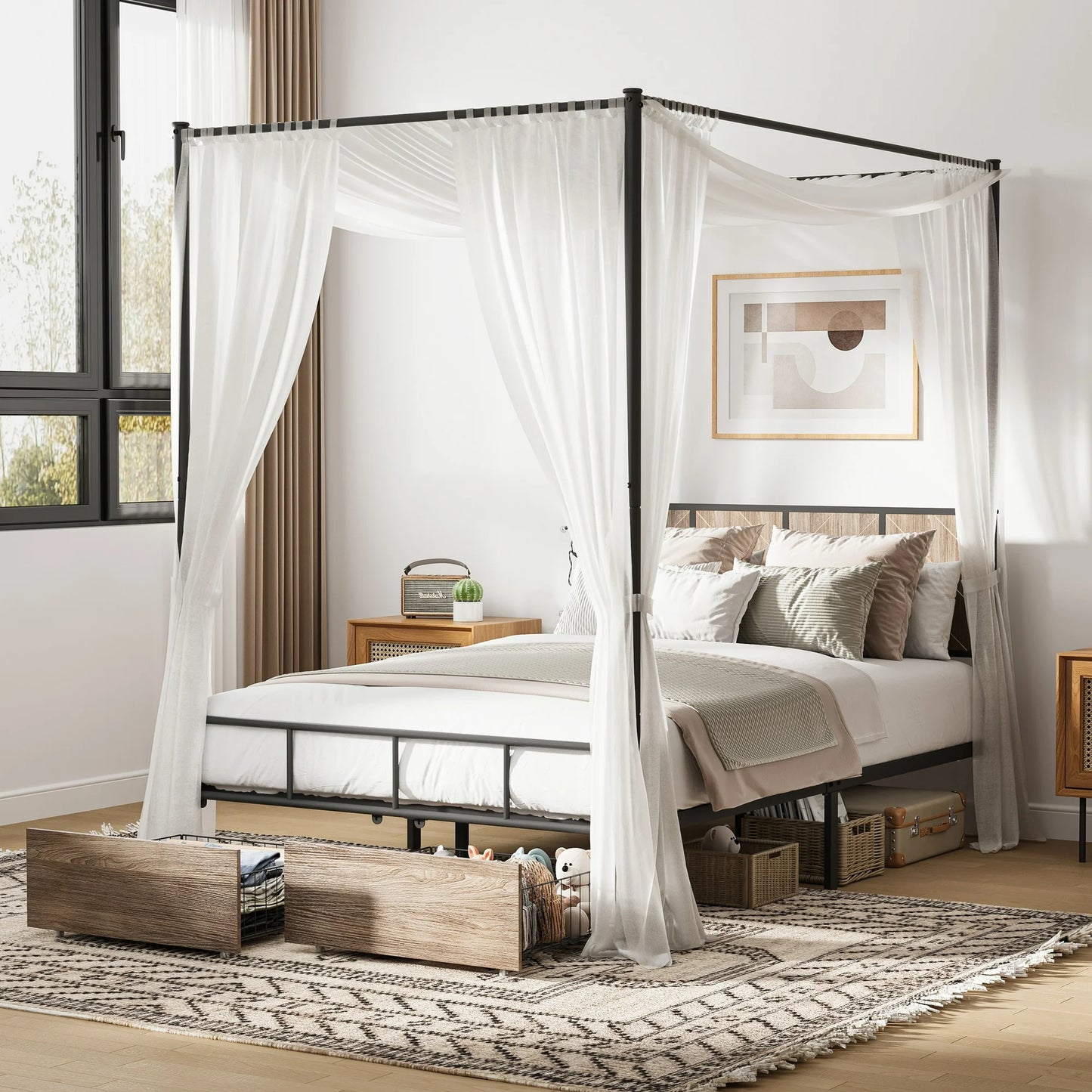 SESSLIFE Metal Canopy Bed Frame, Queen Canopy Platform Bed with Headboard, Sturdy Steel Easy Assembly No Box Spring Required, Black