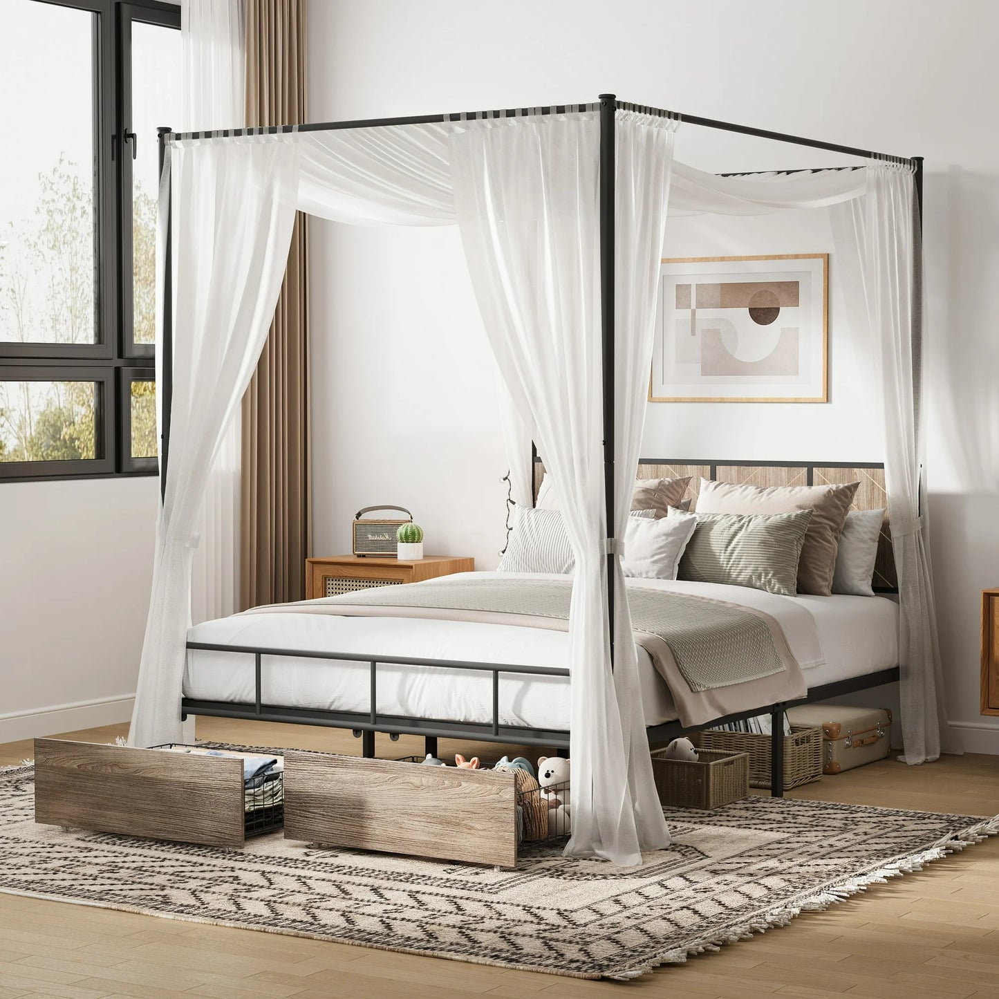 SESSLIFE Metal Canopy Bed Frame, Queen Canopy Platform Bed with Headboard, Sturdy Steel Easy Assembly No Box Spring Required, Black