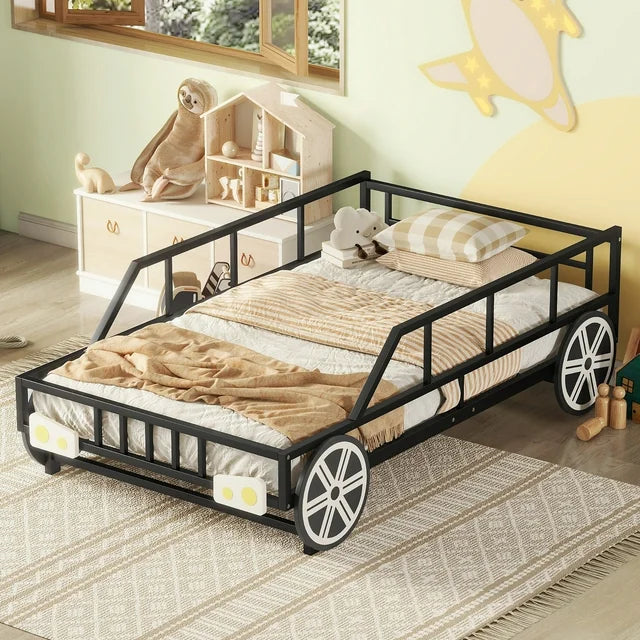 SESSLIFE Twin Size Metal Car Bed with 4 Wheels, Guardrails and X-Shaped Frame Shelf, Steel Slat Support, No Box Spring Needed, Easy Assembly,Black