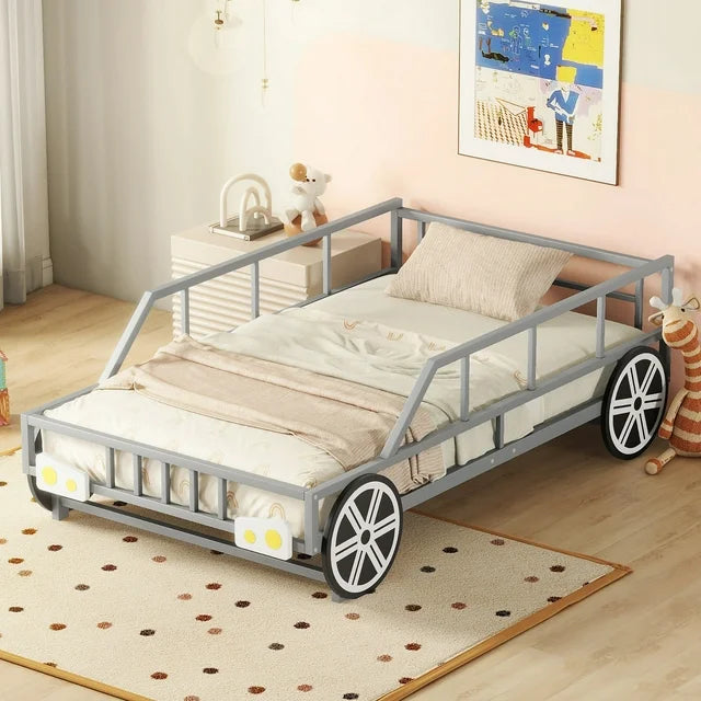 SESSLIFE Twin Size Metal Car Bed with 4 Wheels, Guardrails and X-Shaped Frame Shelf, Steel Slat Support, No Box Spring Needed, Easy Assembly,Black