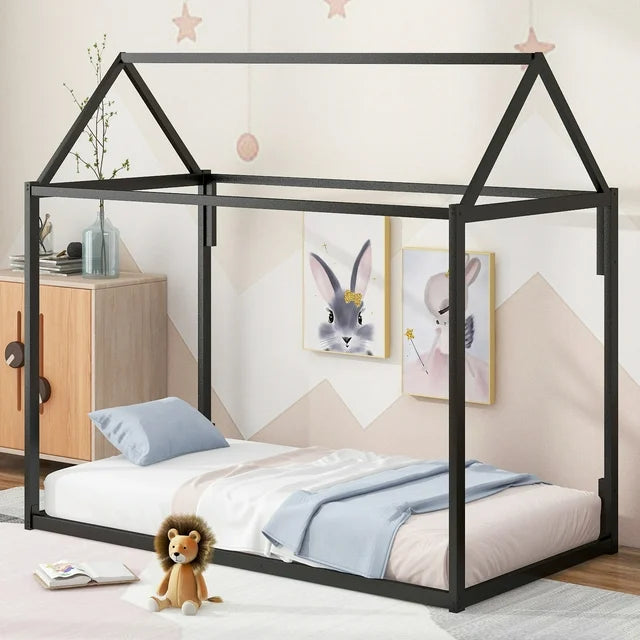 SESSLIFE Metal Twin Size House Platform Bed with Roof for Kids, Metal Twin Platform Bed Frame, Kids House Shaped Design, No Box Spring Needed, Easy Assembly, White