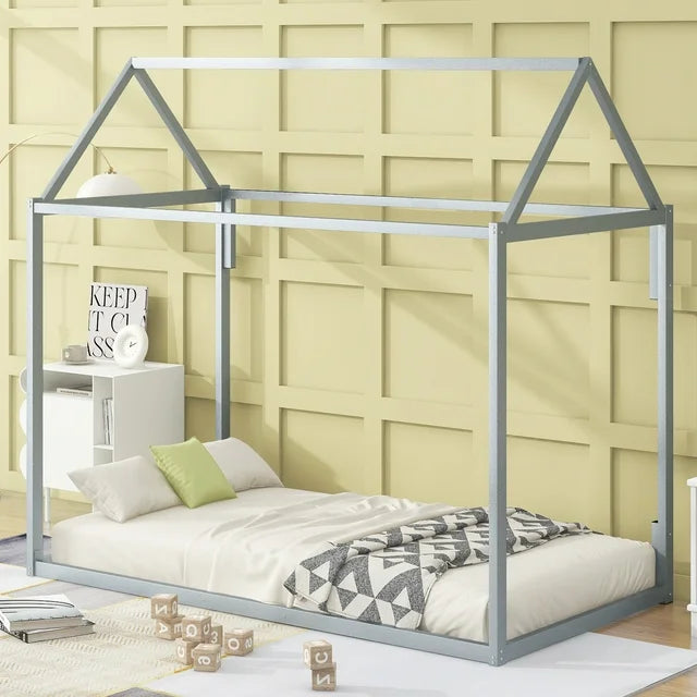 SESSLIFE Metal Twin Size House Platform Bed with Roof for Kids, Metal Twin Platform Bed Frame, Kids House Shaped Design, No Box Spring Needed, Easy Assembly, White