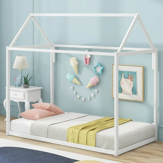 SESSLIFE Metal Twin Size House Platform Bed with Roof for Kids, Metal Twin Platform Bed Frame, Kids House Shaped Design, No Box Spring Needed, Easy Assembly, White