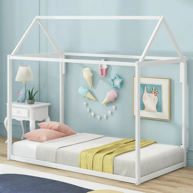 SESSLIFE Metal Twin Size House Platform Bed with Roof for Kids, Metal Twin Platform Bed Frame, Kids House Shaped Design, No Box Spring Needed, Easy Assembly, White