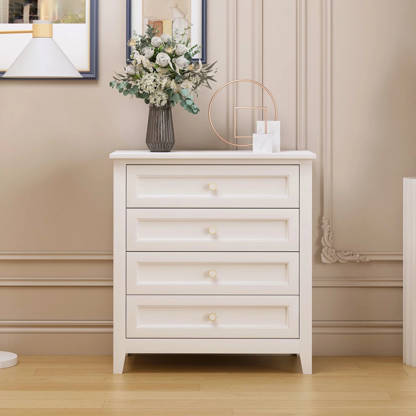 SESSLIFE 4 Drawer Chest, Wood Storage Dresser Cabinet, Craft Storage Organization, Makeup Drawer Unit for Closet, Bedroom, Office, White