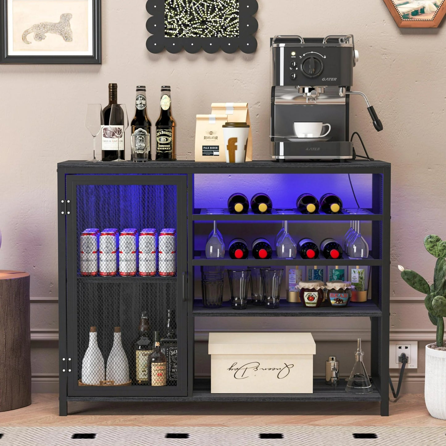 SESSLIFE Modern Bar Sideboard Buffet Storage Cabinet with 16 LED Lights and USB Socket, Black Wine Bar Cabinet for Kitchen, Dining Room and Living Room