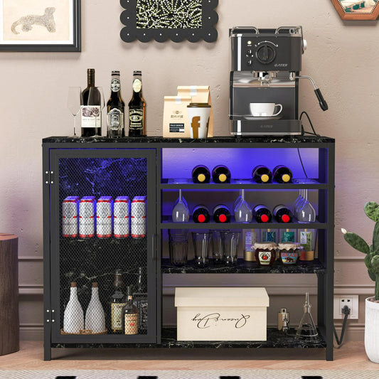 SESSLIFE Modern Bar Sideboard Buffet Storage Cabinet with 16 LED Lights and USB Socket, Black Wine Bar Cabinet for Kitchen, Dining Room and Living Room