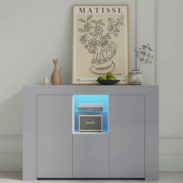 SESSLIFE Modern High Gloss Sideboard Buffet Storage Cabinet with 16 LED Lights and 2 Doors, Black Cupboard for Kitchen, Dining Room and Living Room