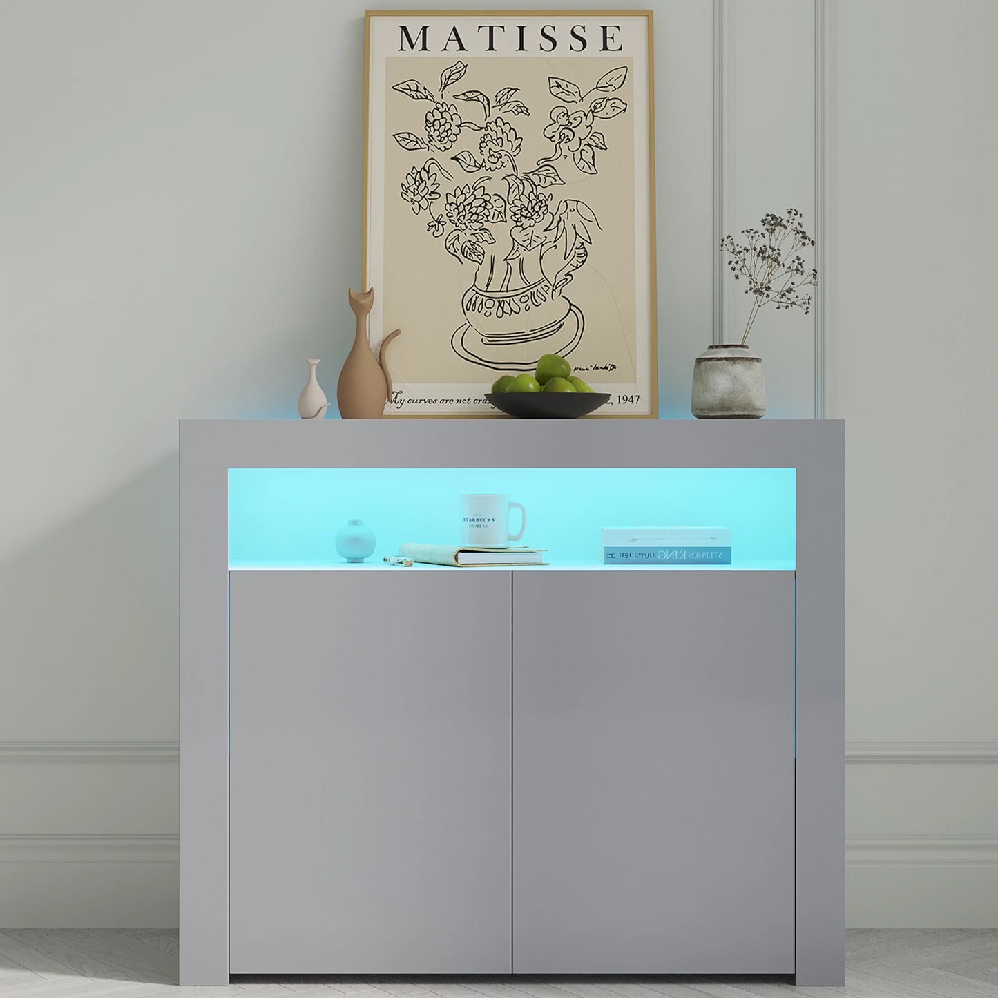 SESSLIFE Modern High Gloss Sideboard Buffet Storage Cabinet with 16 LED Lights and 2 Doors, Black Cupboard for Kitchen, Dining Room and Living Room