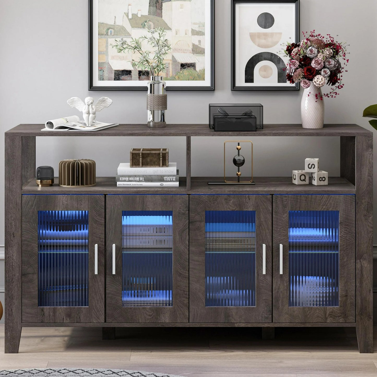 SESSLIFE Modern High Gloss Sideboard Buffet Storage Cabinet with 16 LED Lights and 2 Doors, White Cupboard for Kitchen, Dining Room and Living Room