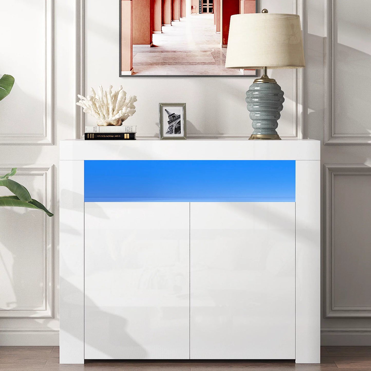SESSLIFE Modern High Gloss Sideboard Buffet Storage Cabinet with 16 LED Lights and 2 Doors, Black Cupboard for Kitchen, Dining Room and Living Room
