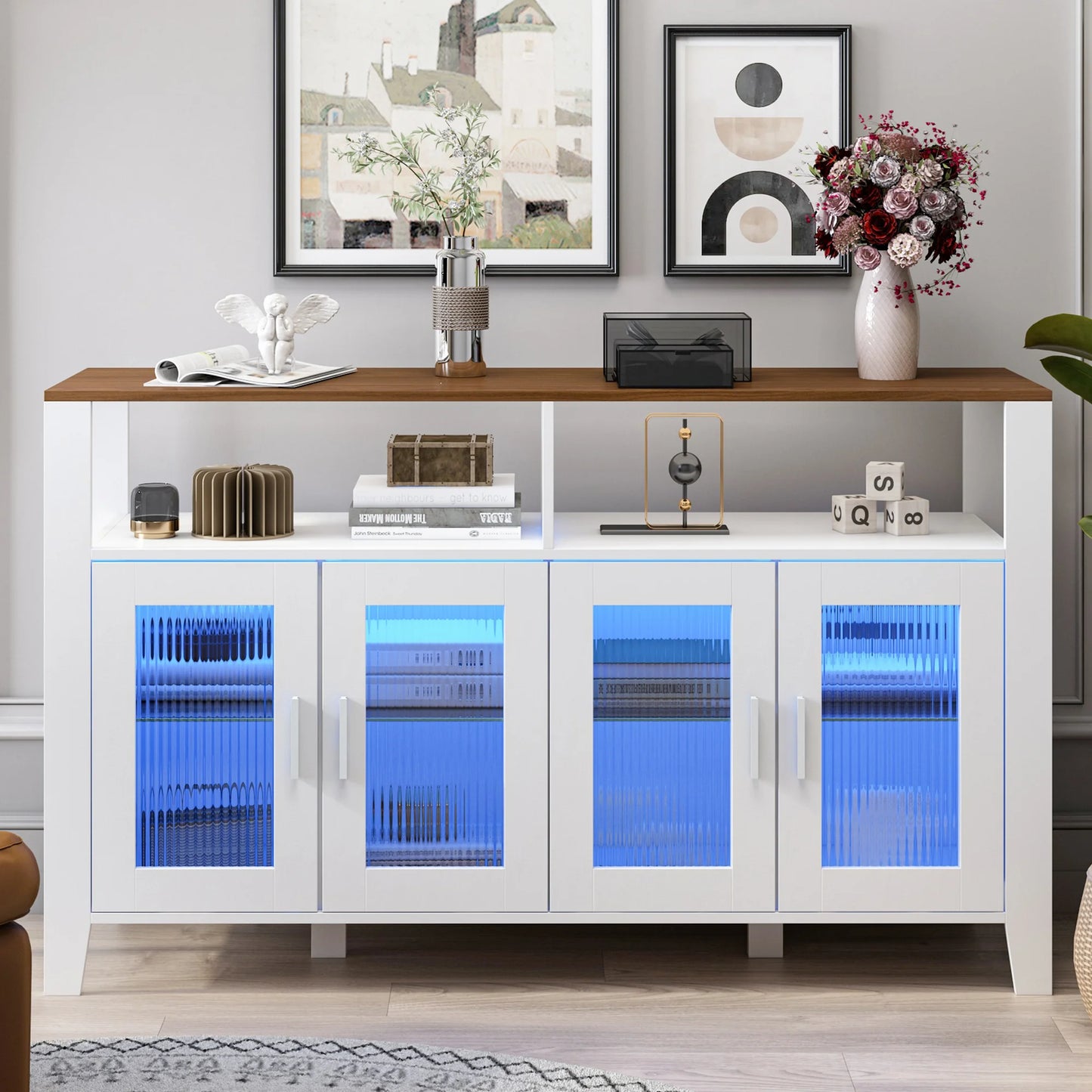 SESSLIFE Modern High Gloss Sideboard Buffet Storage Cabinet with 16 LED Lights and 2 Doors, White Cupboard for Kitchen, Dining Room and Living Room