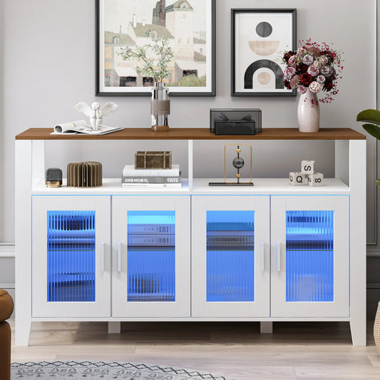 SESSLIFE Modern High Gloss Sideboard Buffet Storage Cabinet with 16 LED Lights and 2 Doors, White Cupboard for Kitchen, Dining Room and Living Room