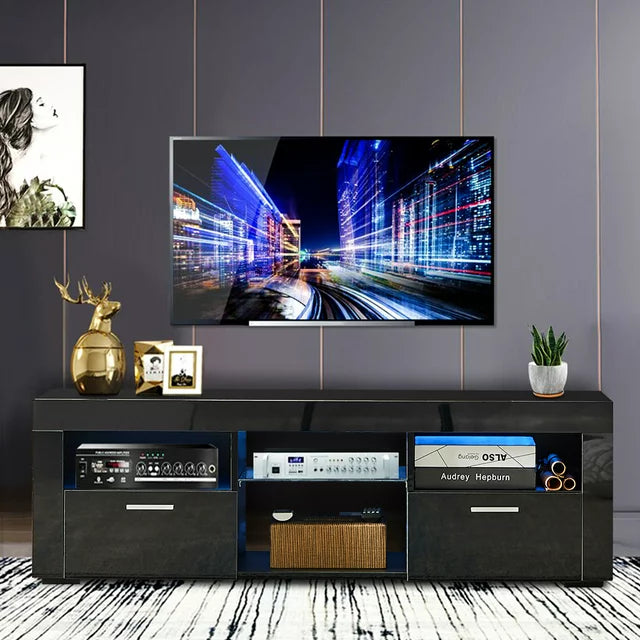 SESSLIFE TV Console Table for 55 Inch TV, White Television Stand with 16 LED Lights, TV Cabinet with Storage Space, TV Cabinet for Living Room, Bedroom