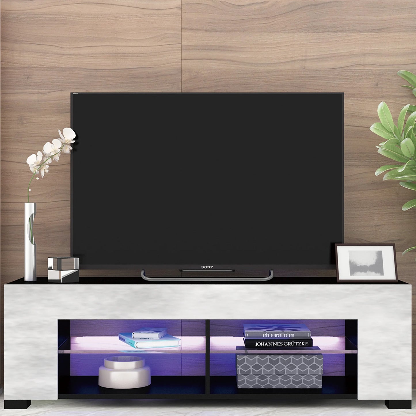 SESSLIFE Modern TV Stand for 55 Inch TV, Flat Screen TV Cabinet with 16-color RGB LED Lights, Console Entertainment Center Television Table for Living Room or Bedroom