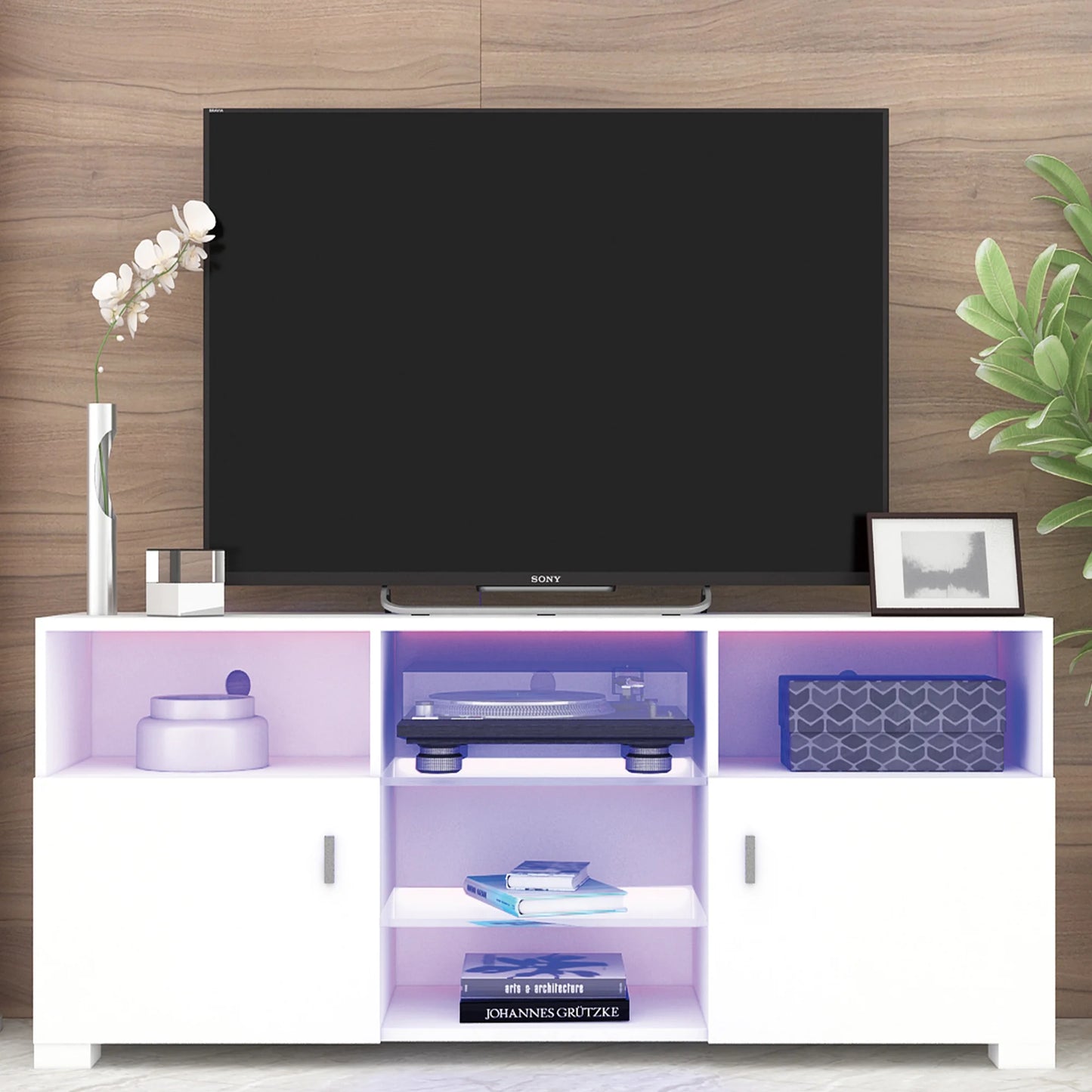 SESSLIFE Modern TV Stand for 55 Inch TV, Flat Screen TV Cabinet with 16-color RGB LED Lights, Console Entertainment Center Television Table for Living Room or Bedroom