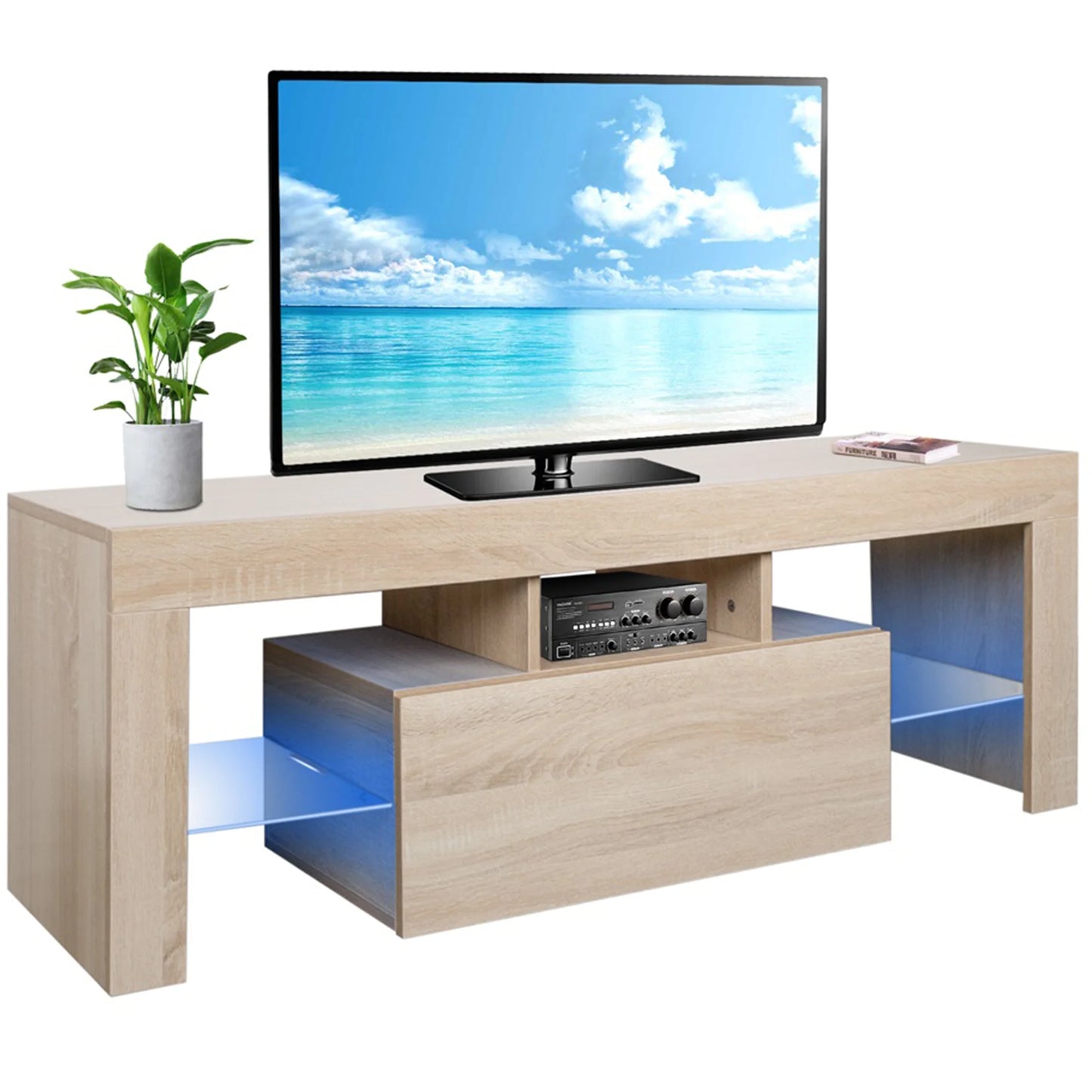 SESSLIFE Modern TV Stand for 55 Inch TV, Flat Screen TV Cabinet with 16-color RGB LED Lights, Console Entertainment Center Television Table for Living Room or Bedroom