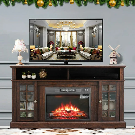 SESSLIFE Modern TV Stand for 65 Inch TV, TV Console with Electric Fireplace, Console Entertainment Center Television Table for Living Room or Bedroom, Brown
