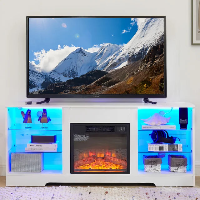 SESSLIFE Electric Fireplace TV Stand with USB Charging Outlet for 65 Inch TV, TV Console with Glass Shelves, Console Entertainment Center Television Table for Living Room or Bedroom, White