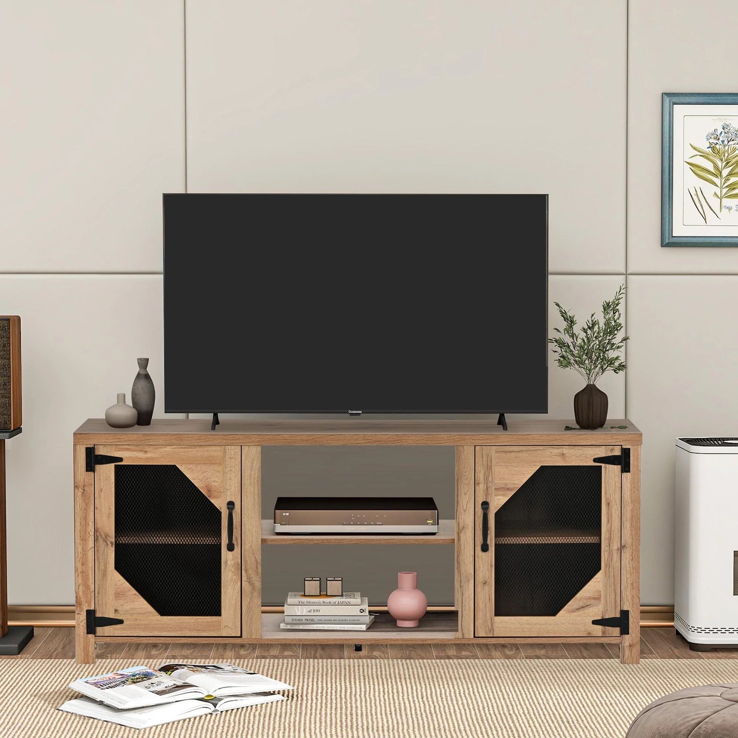 SESSLIFE Modern TV Stand for 55 Inch TV, Flat Screen TV Cabinet with 16-color RGB LED Lights, Console Entertainment Center Television Table for Living Room or Bedroom