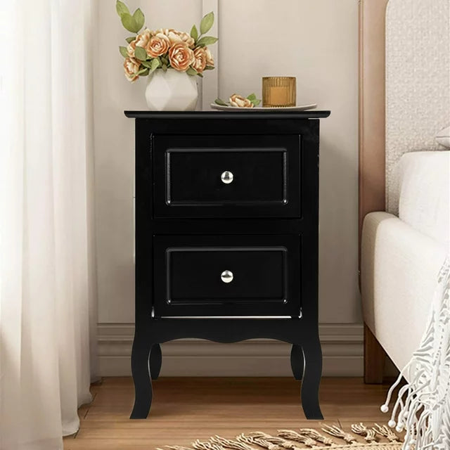 2 Piece Storage Nightstand, Sesslife Wood Bedside Table with 2 Drawers, Country Style Black Nightstand for Bedroom, Modern Black End Table for Living Room, X3109