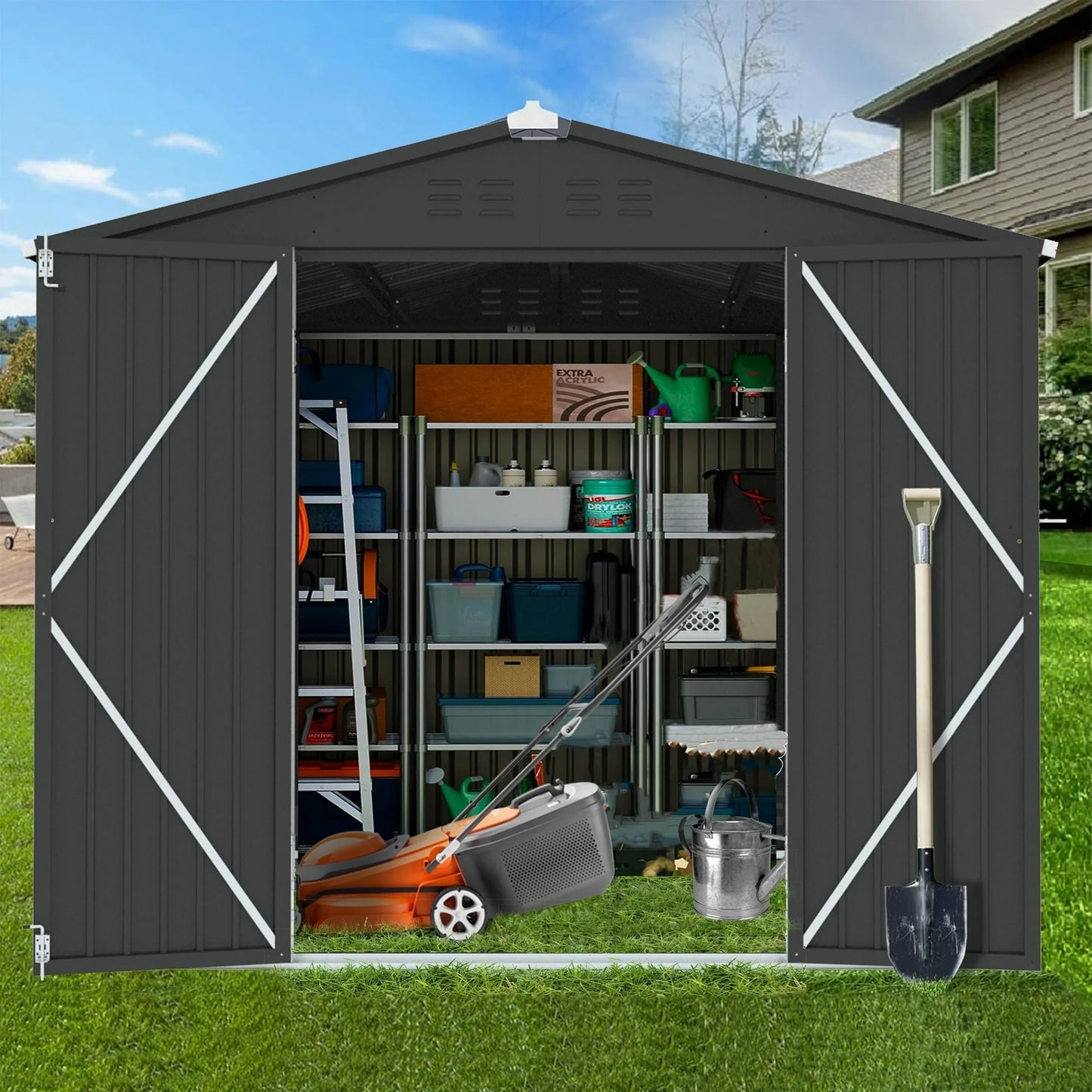 8' x 6' Outdoor Shed with Lockable Door, SESSLIFE Outdoor Storage Cabinet, Black Metal Shed for Garden Backyard