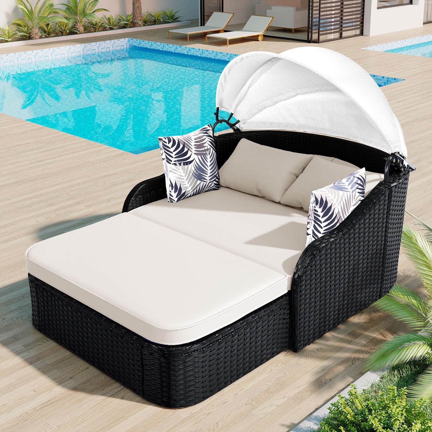 Enyopro Outdoor Double Daybed with Adjustable Canopy, PE Rattan Patio Sunbed Lounger with Cushions and Pillows, Black Wicker and Beige Cushions for Backyard, Poolside, Garden, Blue